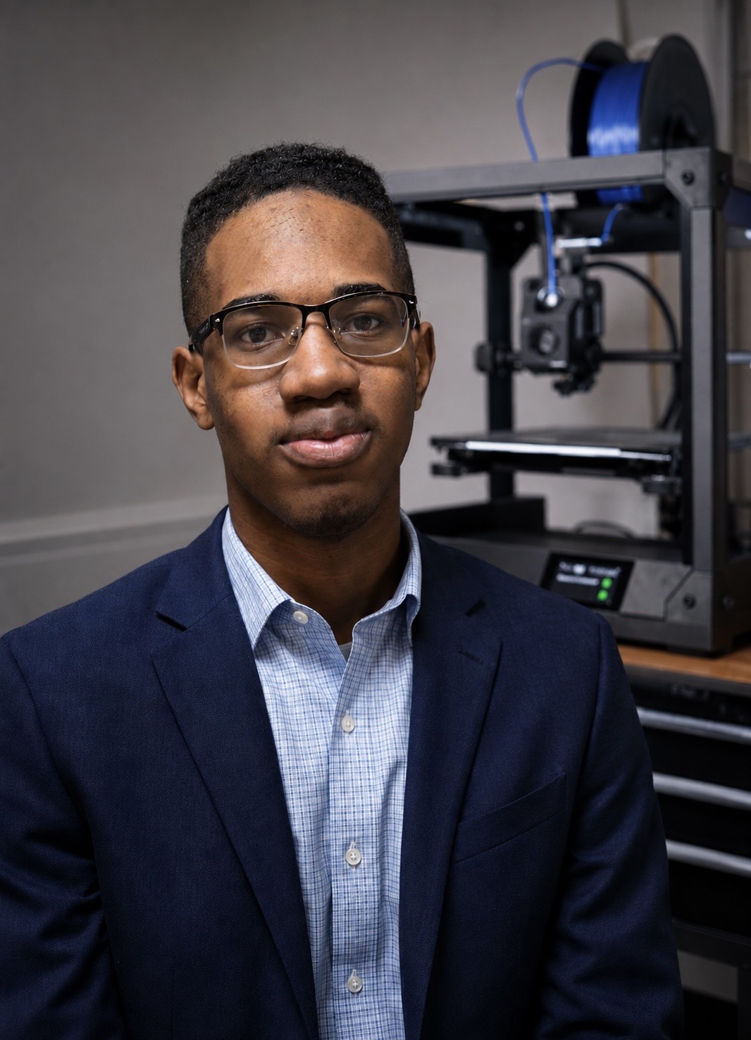 Founder of 3Point Prints in front of a 3D printer