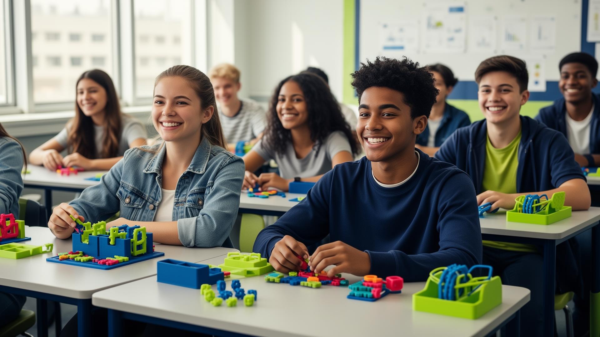 Diverse students using 3Point Prints 3D-printed fidget tools in a bright classroom